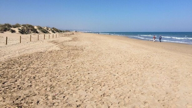 Una amplia playa de arena con una valla de madera y dunas al fondo.
