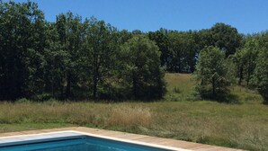 Une piscine rectangulaire bordée d’une terrasse en bois, entourée d’une pelouse et d’arbres touffus.