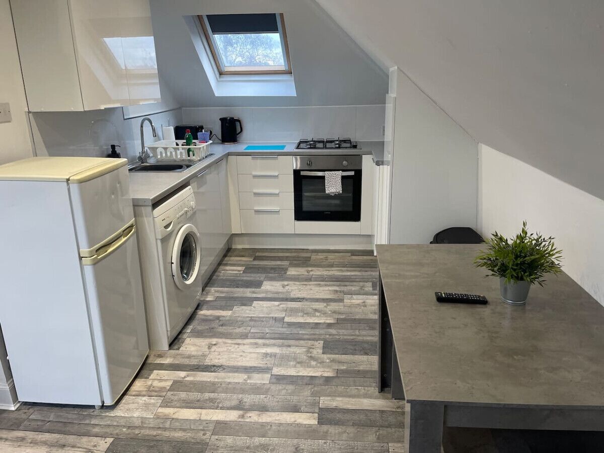 Cocina compacta con lavadora, estufa y un pequeño comedor con planta.