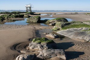 A coastal landscape with rocky terrain, a sandy beach, and a lighthouse in the distance. - Apartment in Côte d’Amour by La Baule Bay (PORNICHET)