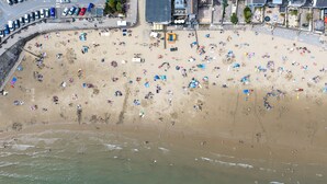 An aerial view of a beach with numerous umbrellas and people.