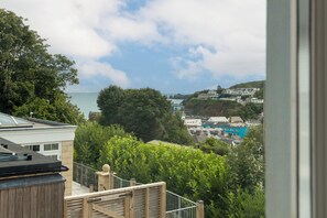 Un quartier résidentiel offrant une vue sur la mer, avec un arbre remarquable et un bâtiment à la façade bleue.
