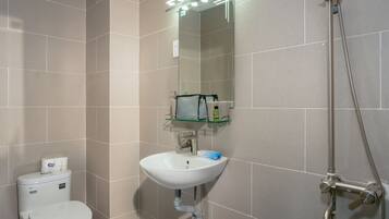 Shower, towels, soap, shampoo