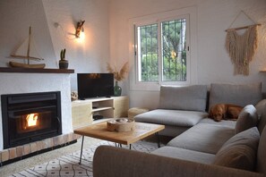 A cozy living room with a fireplace, a sofa, a television, and a dog.