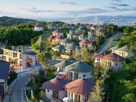 Un barrio residencial con varias casas de techos abovedados y vista a un horizonte urbano distante.