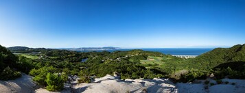 A coastal landscape with rolling hills, a clear blue sky, and a distant view of a bridge over water.