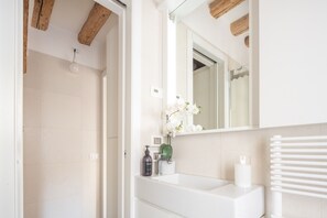 Shower, hair dryer, towels