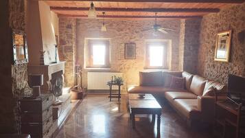 Smart TV, fireplace, books, music library