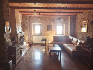 Smart-TV, Kamin, Bücher, Musikbibliothek