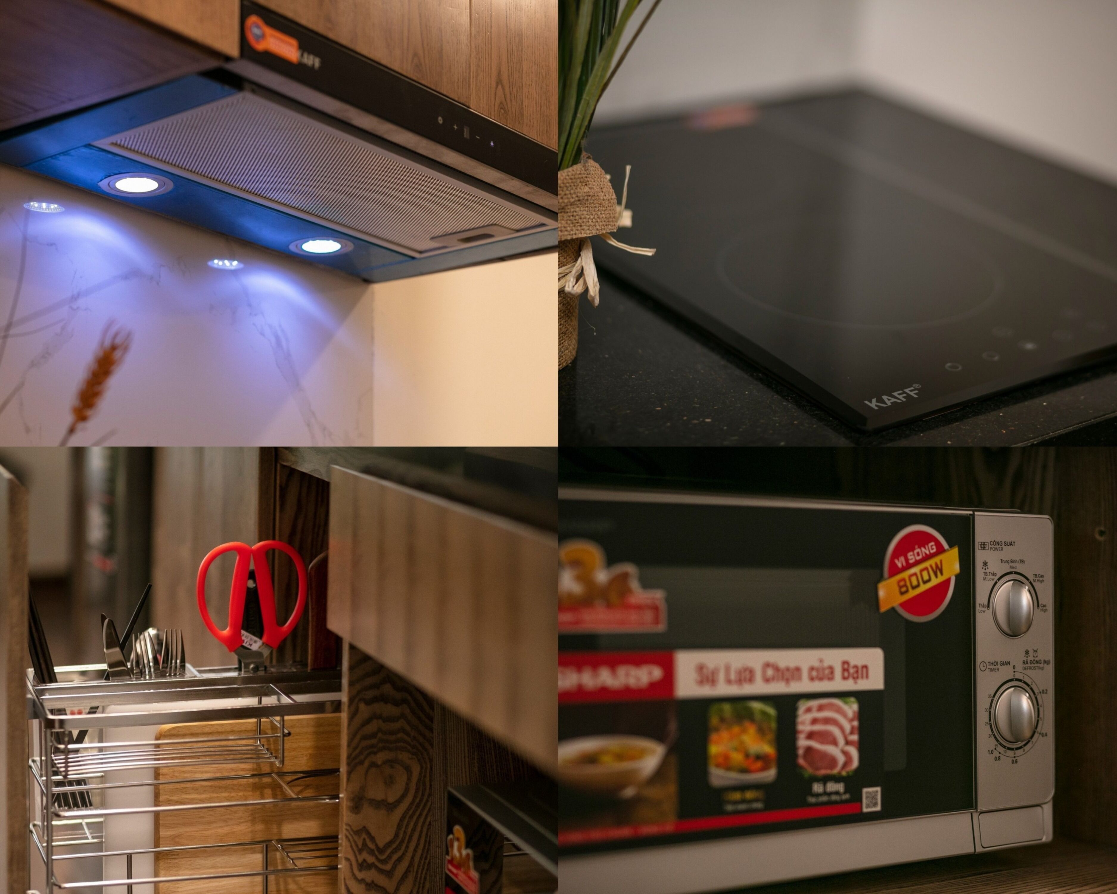 A kitchen with a microwave, a toaster, and a set of red scissors on a rack.
