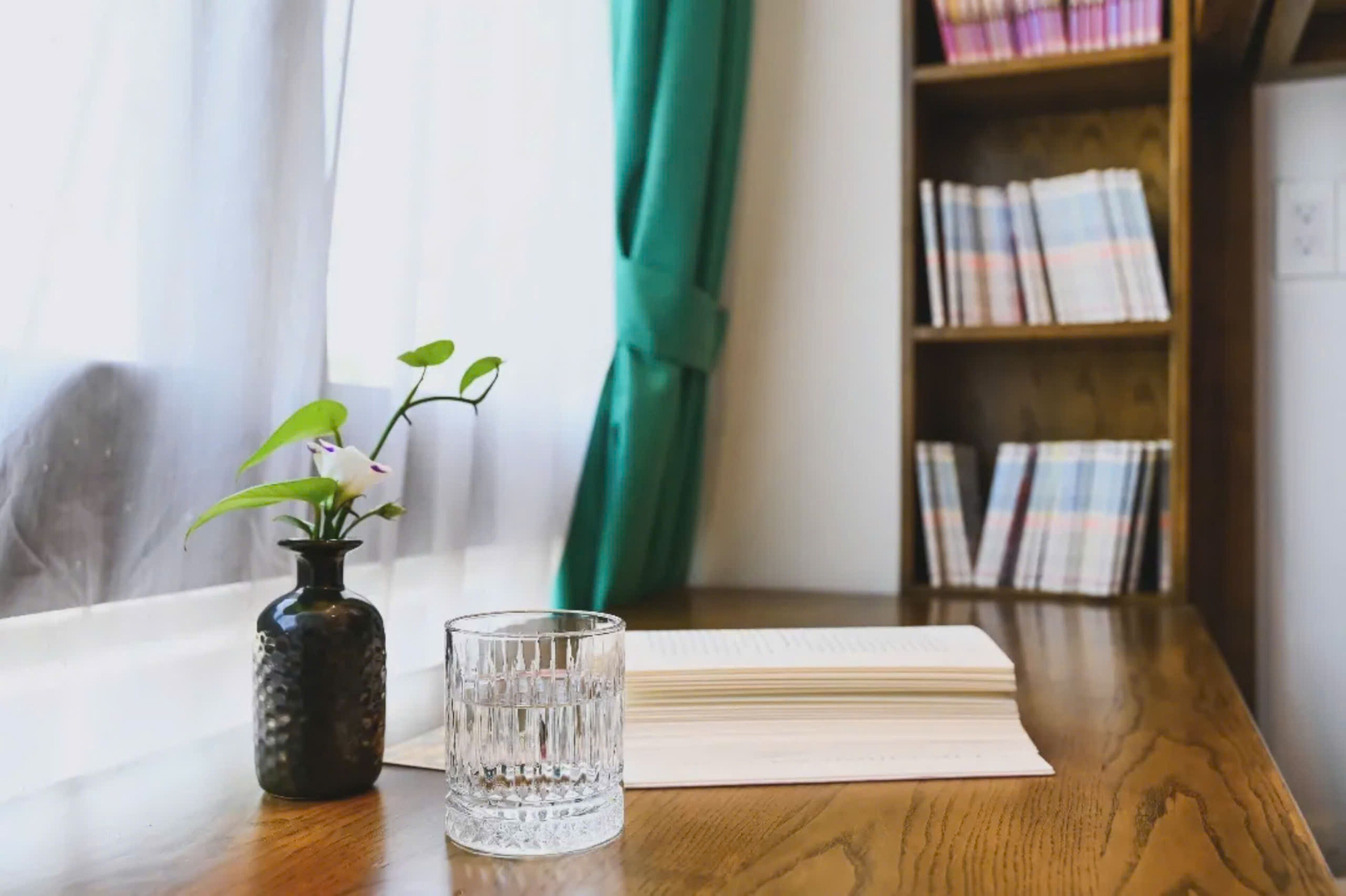 A wooden table with a clear glass, a small vase with a plant, and a book.