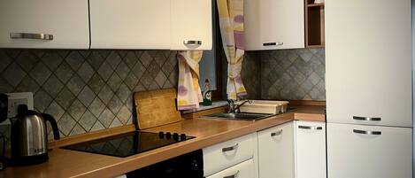 Fridge, oven, stovetop, coffee/tea maker