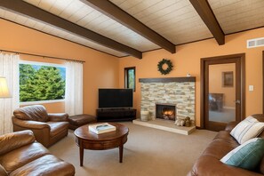 Smart TV, fireplace, books, streaming services