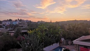 Zona residencial con casas, piscina y abundante vegetación.