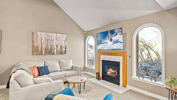 Smart TV, fireplace, foosball