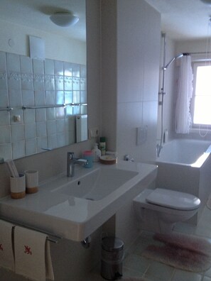 Combined shower/tub, hair dryer, towels, soap