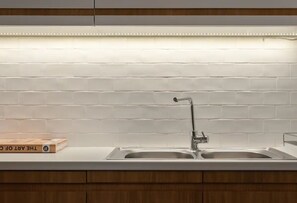 Fridge, microwave, stovetop, coffee/tea maker