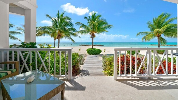 A covered outdoor area with a view of the beach, palm trees, and a pathway leading to the beach. - Directly on the Beach. Peaceful and Relaxing. (Nassau)