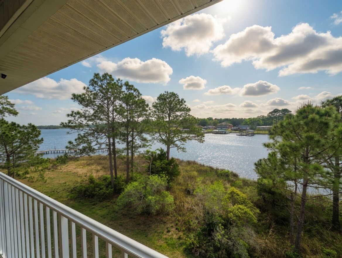 A view from a balcony overlooking a lake with trees and a dock.