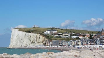 Eine Küstenstadt mit einer markanten Klippe, Strand und Häusern entlang der Uferlinie.