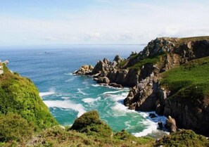 A coastal landscape with rocky cliffs and greenery. - Beautiful house with its feet in the water, the sea at the end of the garden! (Primelin)