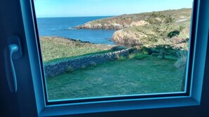 A coastal landscape with a stone wall and grassy area visible through a window.