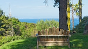 Ein Holz-Adirondack-Stuhl mit Blick auf die Küste, im Vordergrund ein Baum und Grünpflanzen.