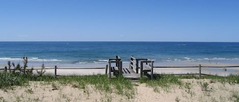 On the beach, sun-loungers