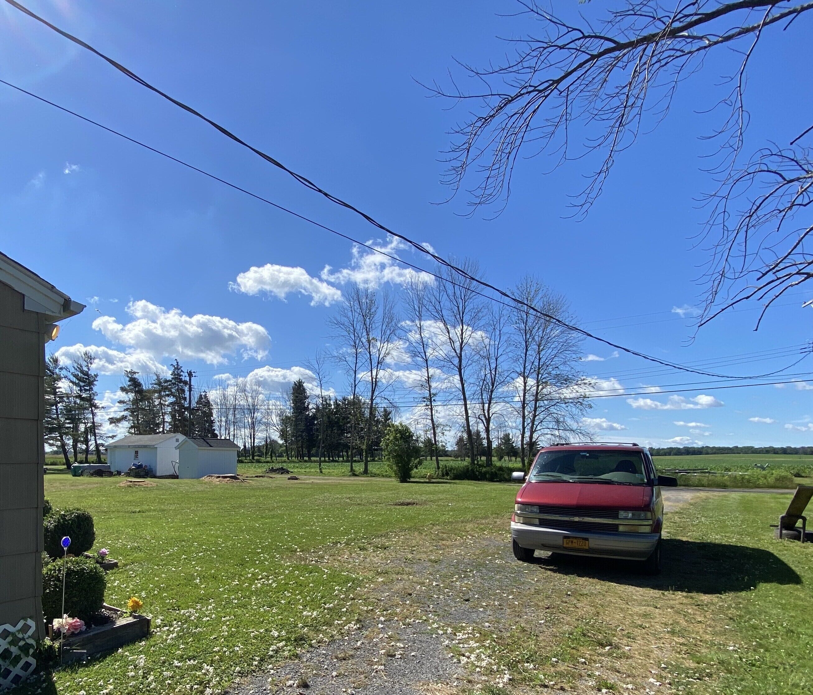 A red van parked on a gravel driveway in a rural setting with a clear sky, surrounded by trees and a grassy field.