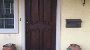 A brown door with a decorative handle, a window with a white frame, a mailbox, and two large green pots on the ground.