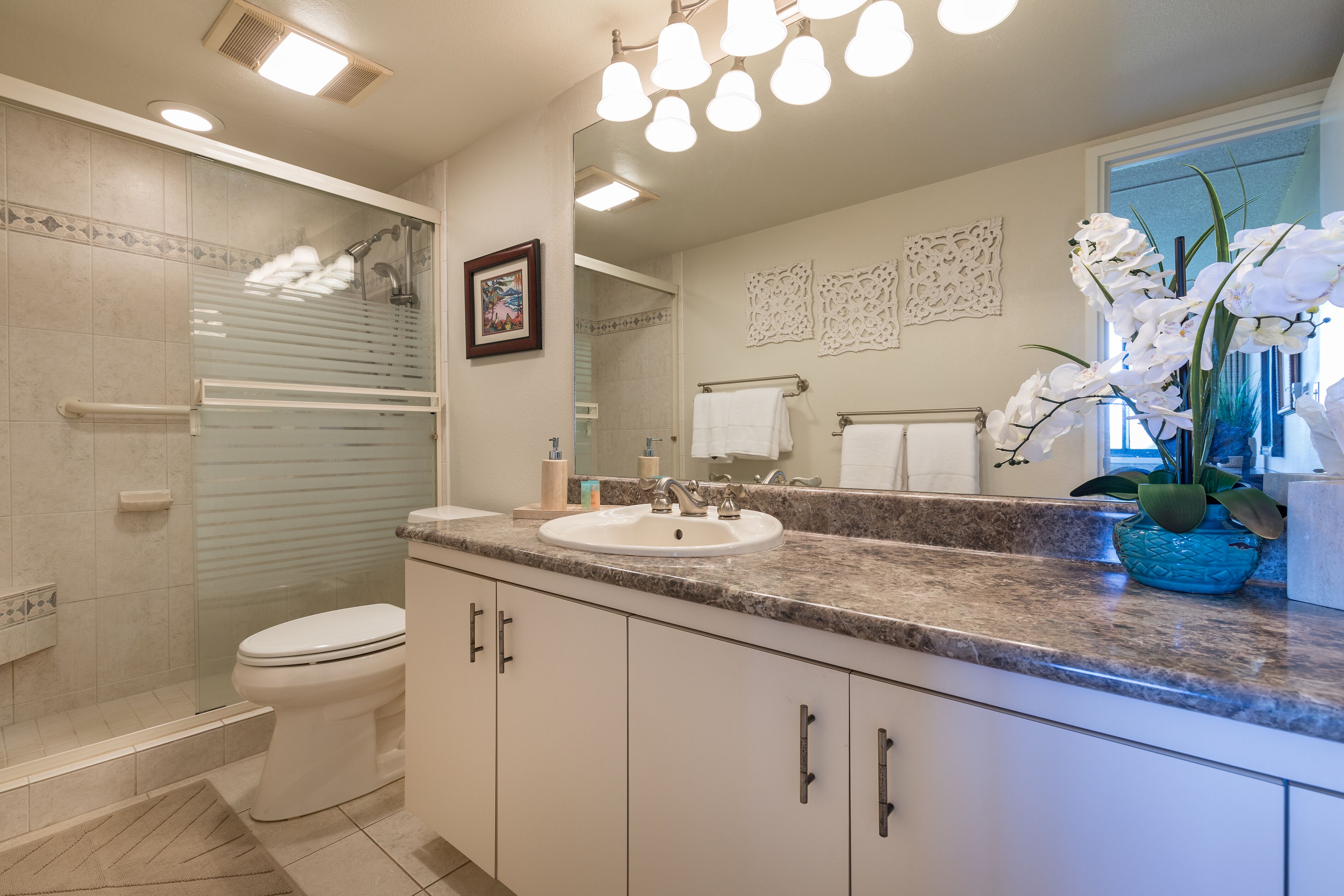 A modern bathroom with a glass shower enclosure, a white toilet, a sink with a vanity, and decorative wall art.