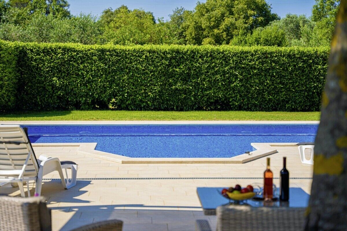 A swimming pool with a clear blue water surface, surrounded by a well-maintained hedge and a grassy area.