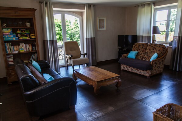 TV, fireplace, DVD player, books