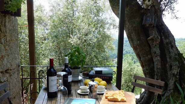 Un tavolo di legno apparecchiato con bottiglie di vino, una caffettiera, tazze, limoni, un libro e un tagliere con cibo.