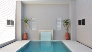 A rectangular pool with a tiled edge, flanked by two potted plants and two window shutters on the walls. - Seadaze 1 - Rainbow Beach. Gorgeous unit close to the beach. Aircon. Pool. Wifi (RAINBOW BEACH)