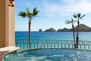 Una piscina con vista al mar y palmeras.