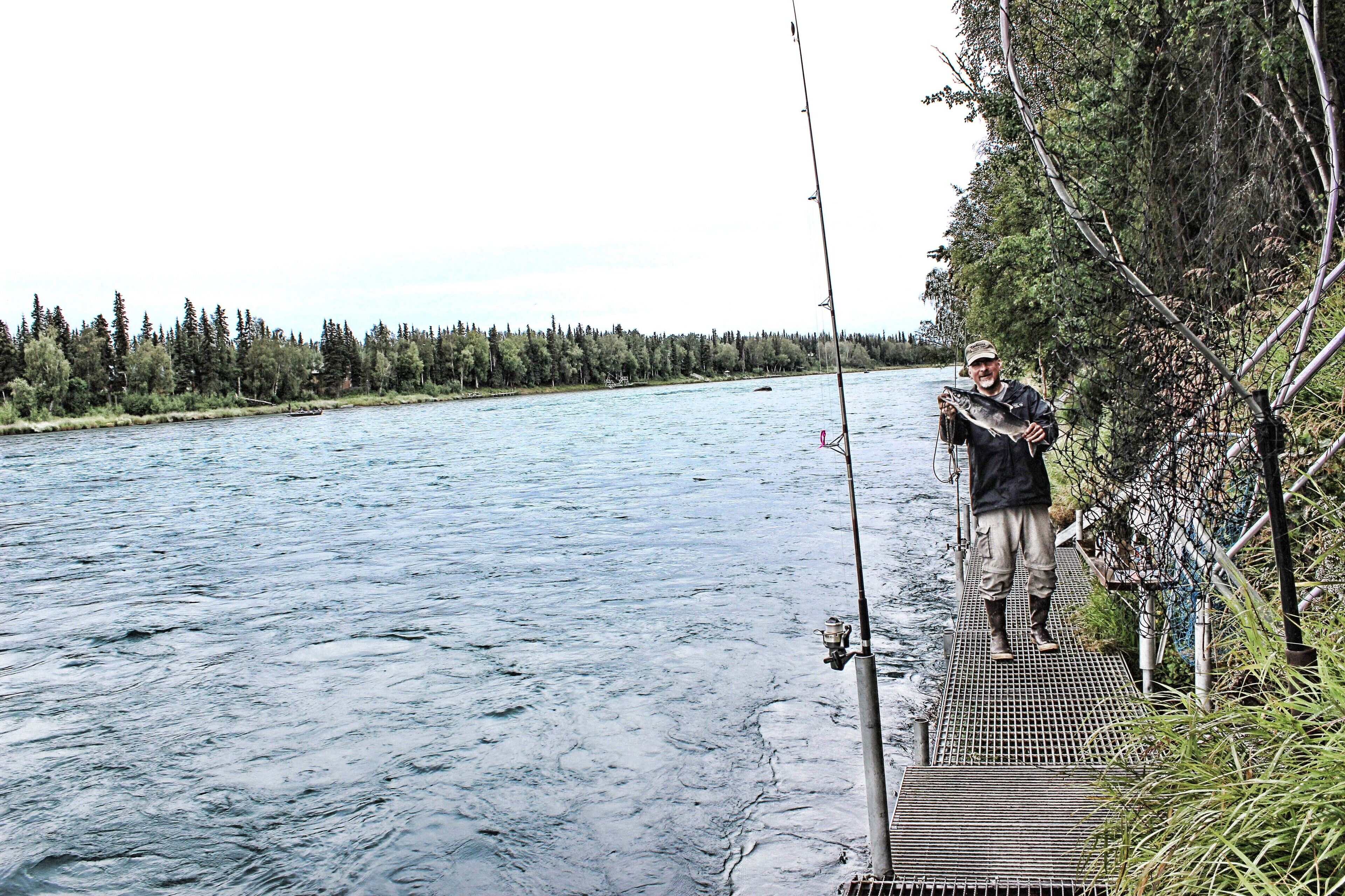 A man fishing on a dock by a river with a forest in the background.