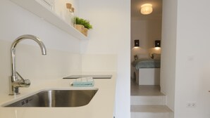 Una cocina moderna con un lavamanos de acero inoxidable, una planta colgante y una lámpara sobre la encimera.
