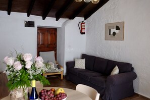 Un salon avec un canapé foncé, une porte en bois, un extincteur et un tableau encadré accroché au mur.