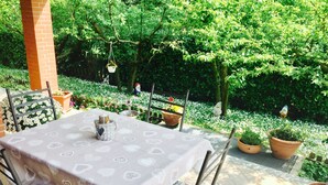 Un área de comedor al aire libre con una mesa preparada para dos personas, rodeada de plantas en macetas y un jardín.
