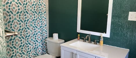 A bathroom with a toilet, a sink, and a mirror.