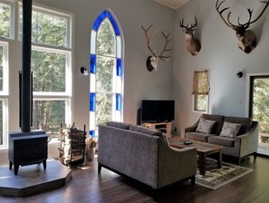 Un salon moderne avec une cheminée, des canapés, un téléviseur et des bois de cerf accrochés au mur.