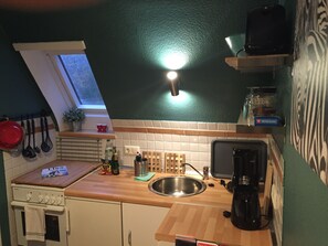 Fridge, oven, stovetop, coffee/tea maker