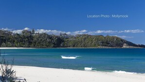 A beach with clear turquoise water, white sand, and a forested hillside in the background. - Mollymook At The Beach (Mollymook Beach)