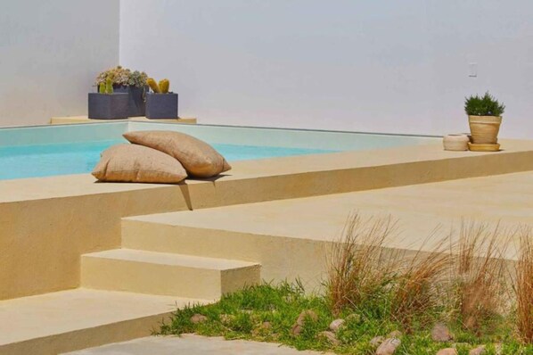 A pool area with steps leading down to the water, surrounded by potted plants and a minimalist design.