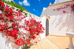 A white building with a tiled patio and a doorway.
