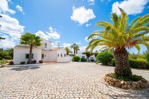 A white villa with a cobblestone courtyard, palm trees, and a clear blue sky.