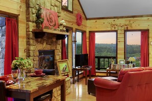 Télévision, cheminée, lecteur de DVD, vidéothèque