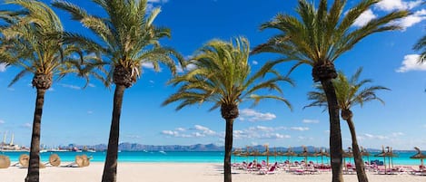 Plage, chaises longues, serviettes de plage