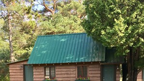 Uma cabana rústica de toras com telhado de metal verde, venezianas de madeira e um caminho de acesso de brita.